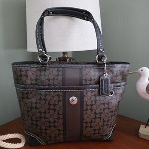 Coach F15137 Chelsea Heritage Stripe Signature Brown Coated Canvas Tote Bag Y2K